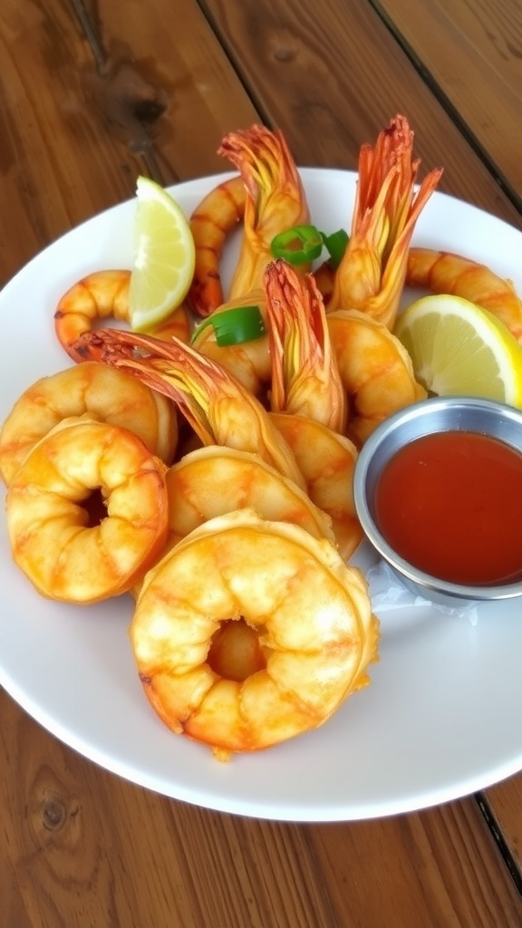 Crispy king prawns on a plate with lemon wedges and dipping sauce.